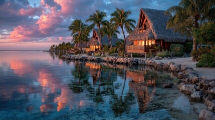 Fototapeta premium Tropical island resort with overwater bungalows during a vibrant pink sunset.
