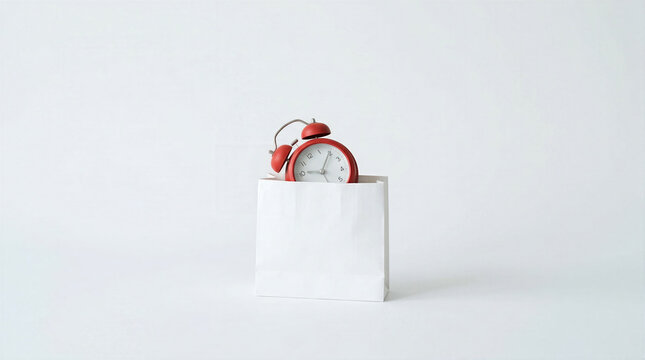 Time Packed Away &ndash; Minimal Alarm Clock Waiting Inside a White Paper Bag
