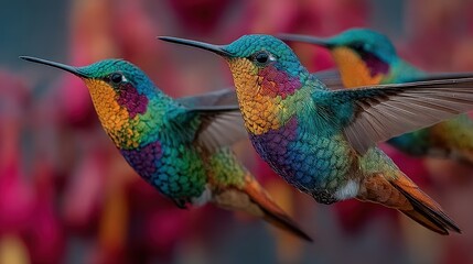 Fototapeta premium Two iridescent hummingbirds in flight against a blurred pink flower background.