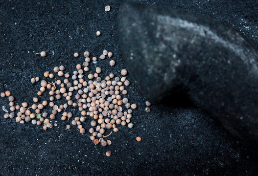 various traditional Indonesian cooking spices arranged inside a black stone mortar (cobek) with its pestle (ulekan) resting on the side.