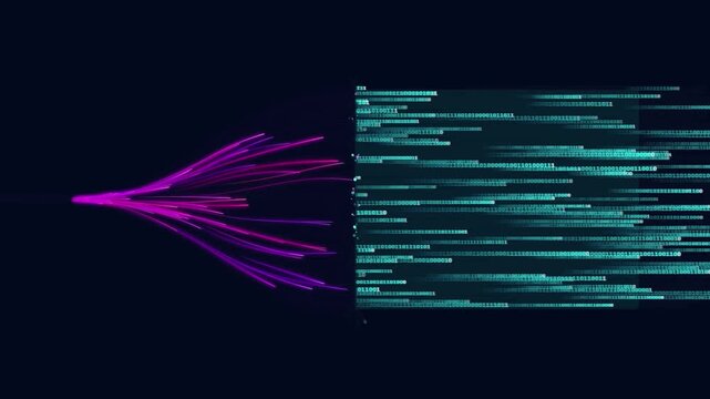 Abstract digital data stream with glowing purple light trails and binary code background