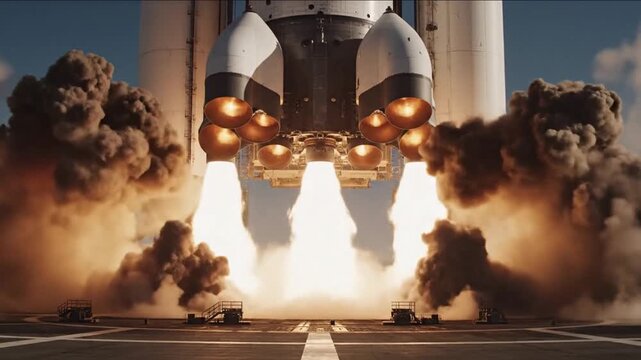 Rocket Launching of Four Engines at Takeoff Platform with Fire and Smoke in Clear Sky