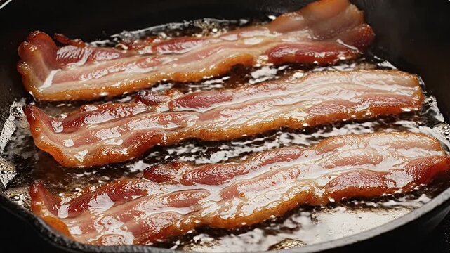 Sizzling bacon strips frying in a hot metal skillet