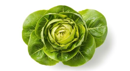 Obraz premium A fresh green lettuce leaf with water droplets on it, set against a white background.