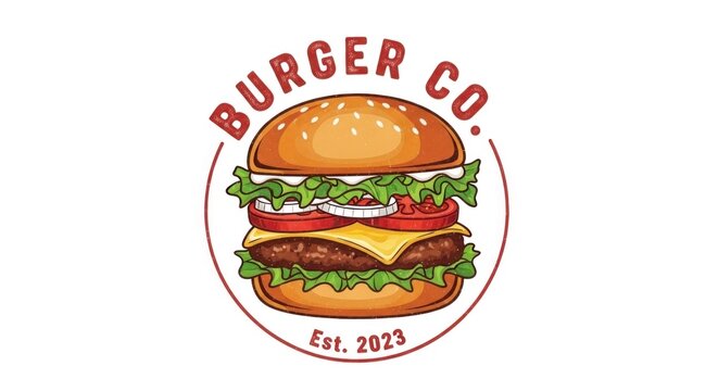 A colorful illustration of a hamburger with a bun, cheese, tomato, and lettuce, set against a white background with a red border.