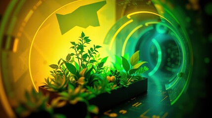 Obraz premium Plants grow inside futuristic structure. Bright colors dominate scene, suggesting technology meets nature. Light shines upon foliage.