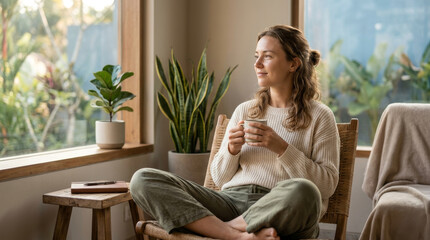 Obraz premium Serene young woman relaxing on a comfortable woven chair indoors enjoying a warm cup of coffee while gazing out the window at beautiful lush tropical plants in her garden