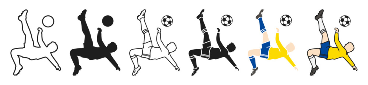 Set of soccer player silhouettes kicking ball in action poses