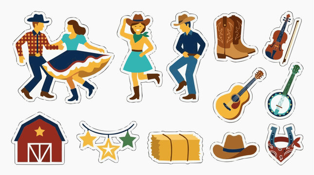 A collection of charming cowboy-themed illustrations, featuring dancing couples, musical instruments, boots, a barn, and other rustic elements.
