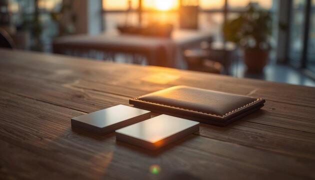 There is a wallet and two cell phones sitting on a wooden table