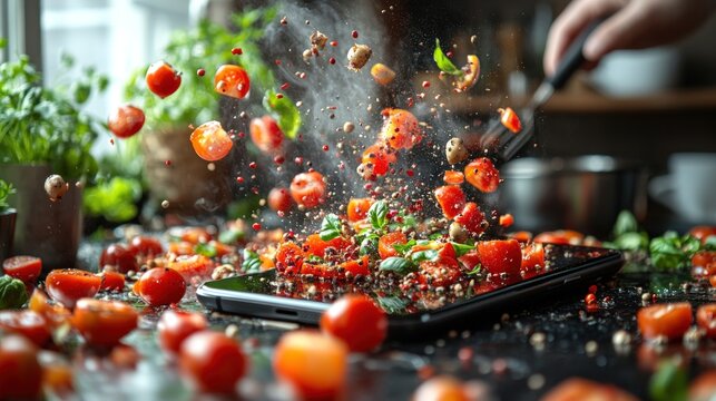 Vibrant salad ingredients splashing over a mobile phone during food preparation.
