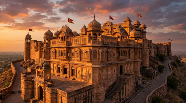 Magnificent Rajput Indian mahal bathed in golden hour sunset light