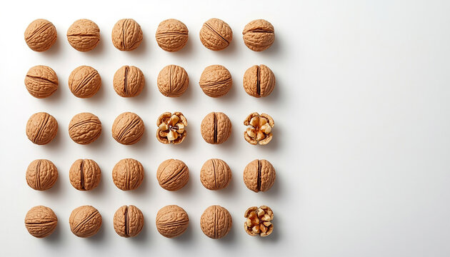 Minimalist walnut grid flat lay pattern on white background