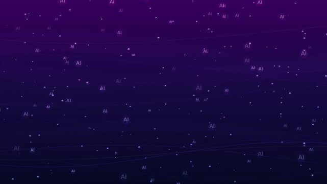 Abstract digital background with ai text icons and glowing particles on dark purple gradient