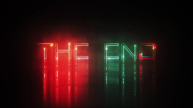 Animation text of The End laser neon glitch text effect cinematic title on black abstract backgroud. 