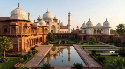 Fototapeta premium Magnificent Indian palace with reflecting pool and lush gardens at sunrise