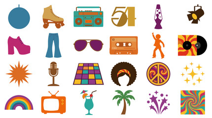 Fototapeta premium Retro 70s Disco Party Icons and Symbols Collection for vintage celebration and groovy nostalgia designs
