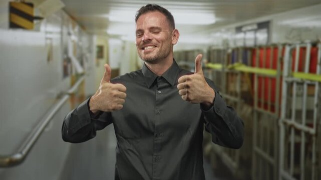 Man giving thumbs up with both thumbs visible and smiling, wearing a dark collared shirt in a building corridor; confidence approval.