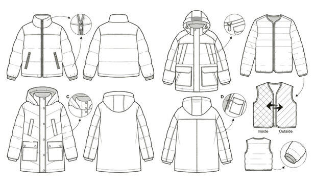 Winter puffer jacket and coat technical vector set isolated on white background