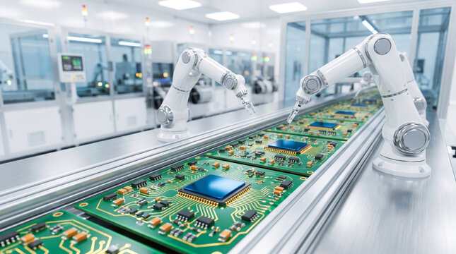 In a factory, robots work on a production line to assemble computer chips. The clean workspace shows several chips moving along the conveyor