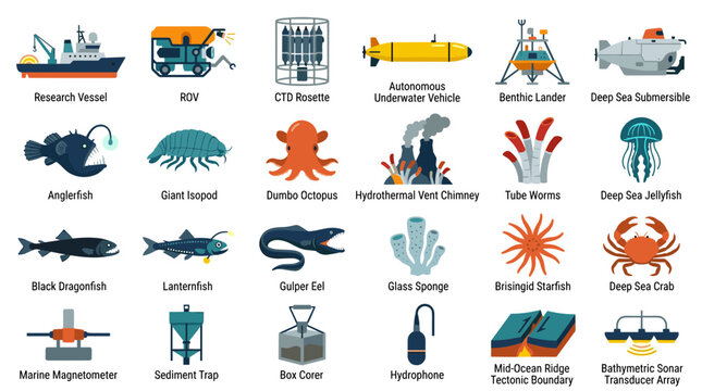 Collection of deep sea research equipment and marine life illustrations for oceanography and marine biology exploration