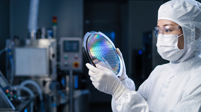 A scientist examines a semiconductor wafer in a clean room. The setting is a high-tech lab with various equipment seen in the background. The worker is dressed in protective gear