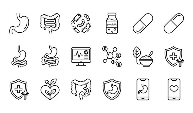 Digestive System and Probiotics Editable Stroke Icon Pack for Healthcare and Wellness Design