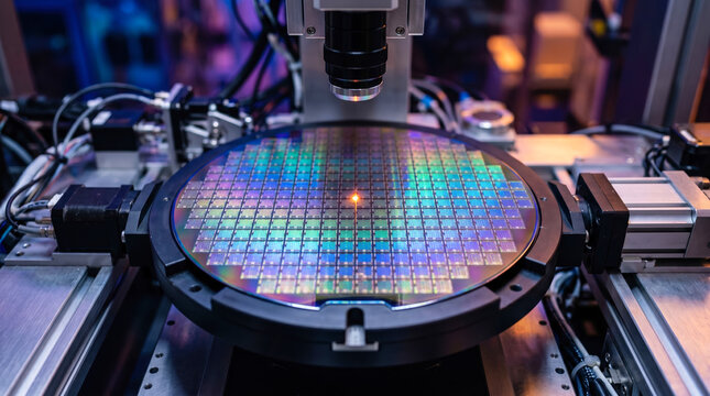 A semiconductor wafer is placed on a rotating platform in a laboratory. A microscope looks over the wafer, which has many small square patterns. The environment is equipped for tech work