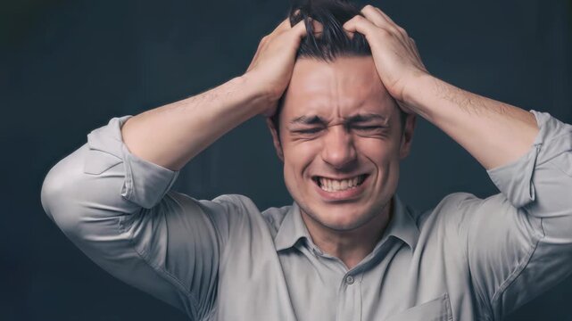 Stressed man screaming and pulling hair in frustration. Emotional breakdown and mental health struggle. Static close-up shot.