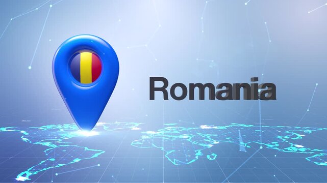 Romania Flag Inside Location Pin On Digital World Map Animation