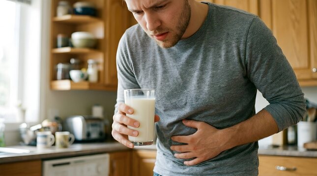 Distressed man suffering from acute stomach pain and digestive upset after drinking milk, clutching his abdomen in the kitchen