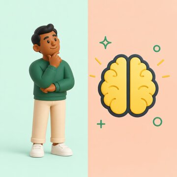 Thoughtful 3D cartoon man beside brain icon on pastel split background for idea and psychology concepts