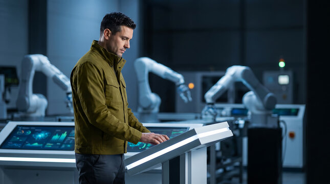 Male technician operates control panel in a robotics lab with automatic arms in the background, showcasing advanced technology and industrial environment