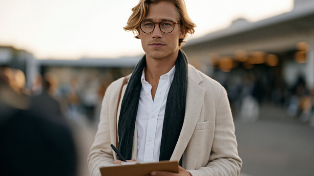 Young entrepreneur standing outside a packed subway station at golden hour, clipboard in hand, nervously approaching commuters for impromptu product validation interviews, perfect