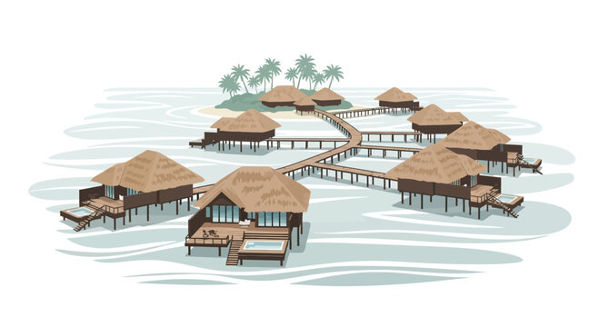 Water Houses on Stilts Over Ocean.