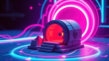 Obraz premium Futuristic portal design. Glowing neon lights surround metallic structure. Red energy emanates from central opening. Minimalist style.