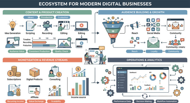 Modern digital business ecosystem vector infographic with creator economy workflows audience growth monetization systems and analytics dashboard concepts