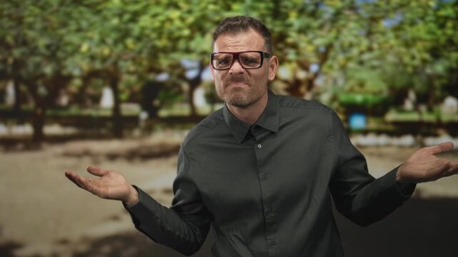 Man wearing glasses shrugging with open hands in studio, puzzled facial expression and questioning gesture; confusion doubt.