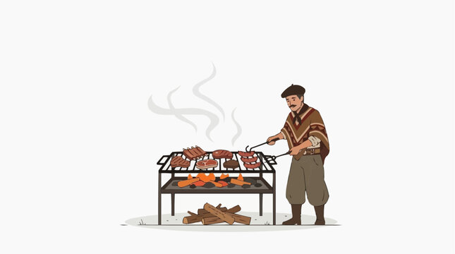 Gaucho cooking meat on a barbecue grill with fire and wood smoke, highlighting traditional southern Brazilian cuisine, gaucho culture, and rustic barbecue.