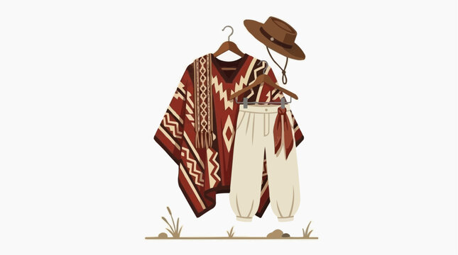 Traditional gaucho outfit with scarf, poncho, hat, and pants hanging on hangers against a white background, highlighting gaucho culture and southern Brazilian tradition.