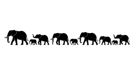 Black silhouettes of elephant family walking in a row. © Ikhsanul_Shahbaz