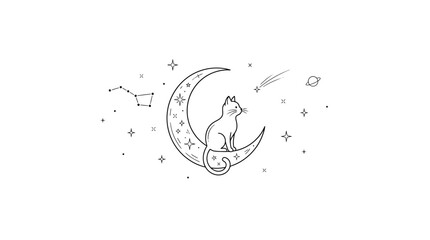 A mystical line art illustration of a cat sitting on a crescent moon. © Ikhsanul_Shahbaz