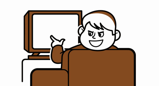 Happy cartoon person watching television at home.