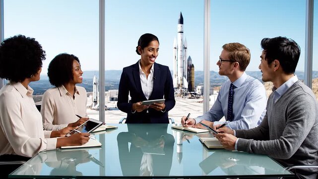 "Team in modern office with rocket launch visible outside, symbolizing aerospace engineering, collaboration, and innovation in professional business environment."