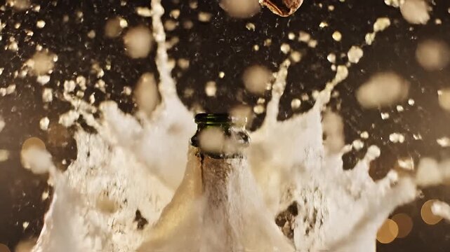 Champagne Bottle Cork Popping with Explosive Splash Celebration.