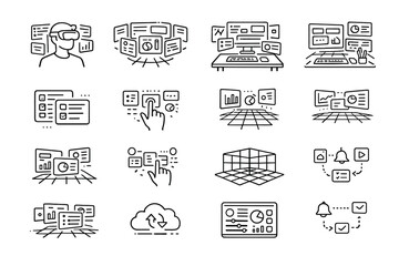 Naklejka premium Augmented Reality Icons. Augmented reality workspace. Line outline icon set of augmented reality workspace: AR