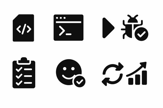 Coding Icon Set. Coding practice. Filled icon set of Coding practice: practice code, terminal window, run