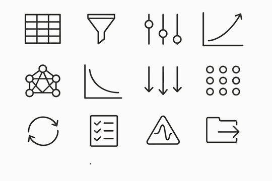 Machine Learning Icons. Machine learning model training concept. Line outline icon set of machine learning