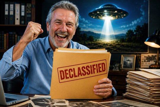 A happy man celebrates the declassification of a file on UFOs while holding declassified secret documents in his office, with an extraterrestrial research concept and a science fiction atmosphere