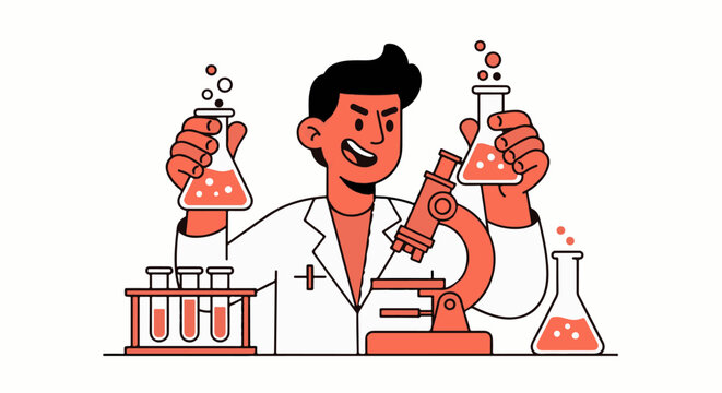 Cartoon scientist conducting cheerful laboratory experiments with chemicals.